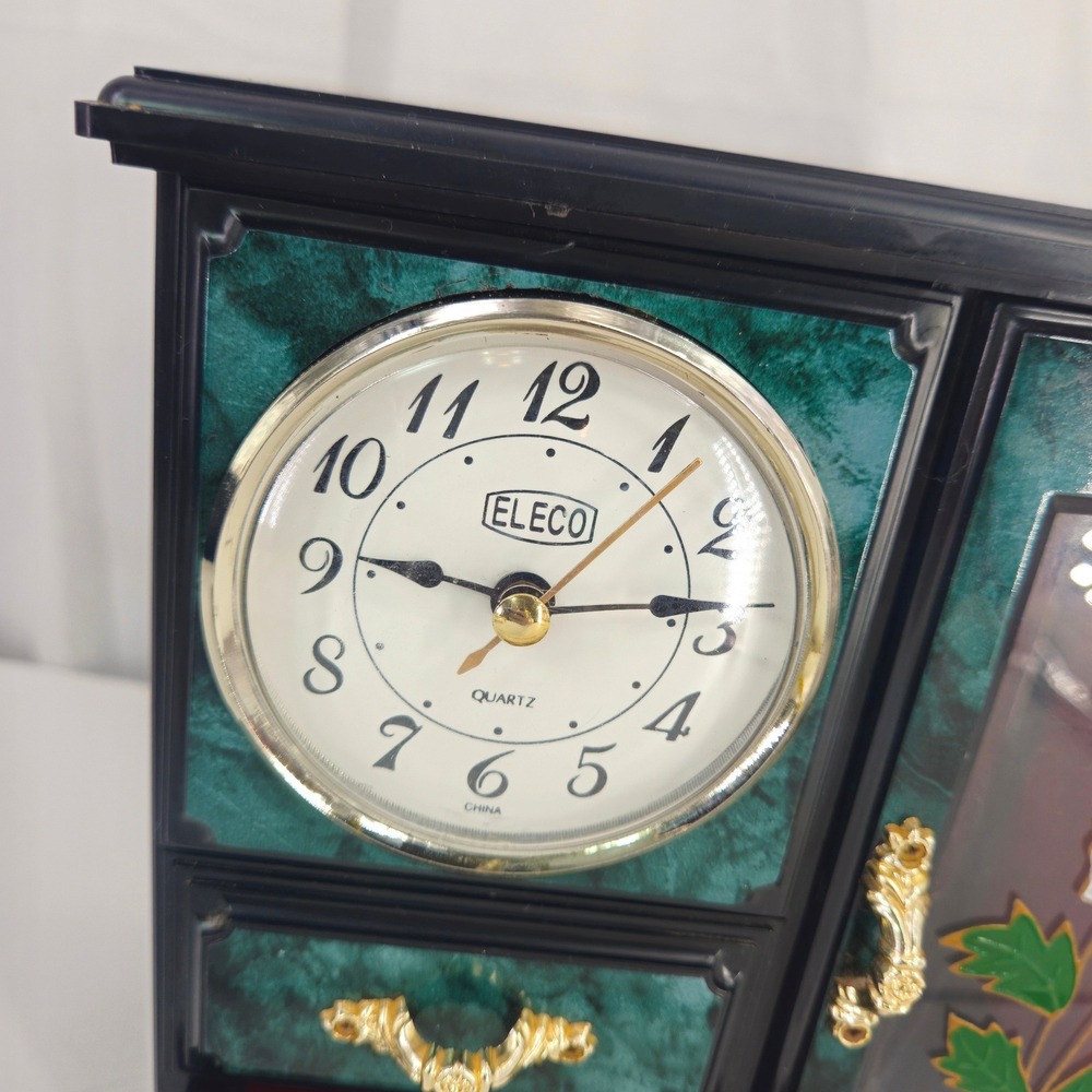 Vintage Eleco Musical Jewelry Box Quartz Clock Dancing Ballerina Floral Green - Picture 2 of 16